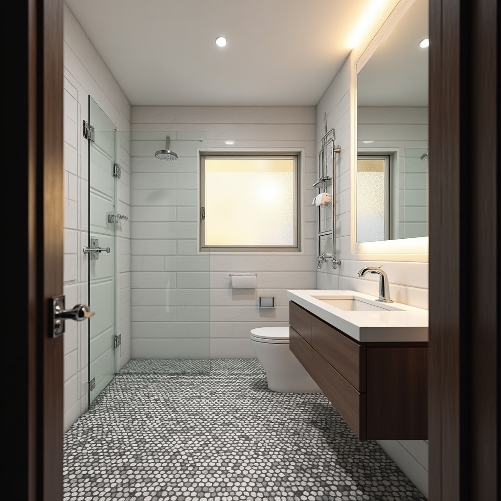 Contemporary bathroom with geometric floor tiles and wall-mounted fixtures