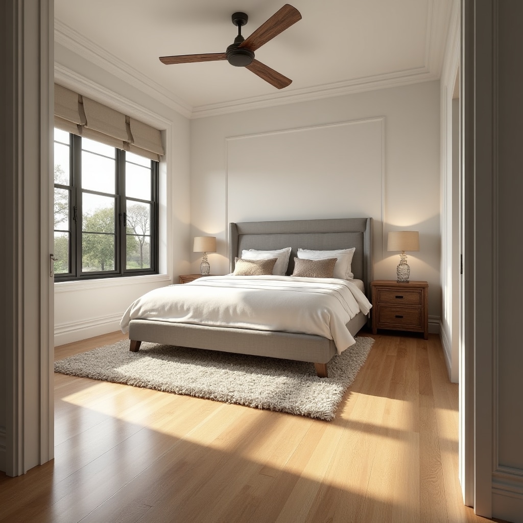 Master bedroom with newly installed engineered wood flooring and natural lighting