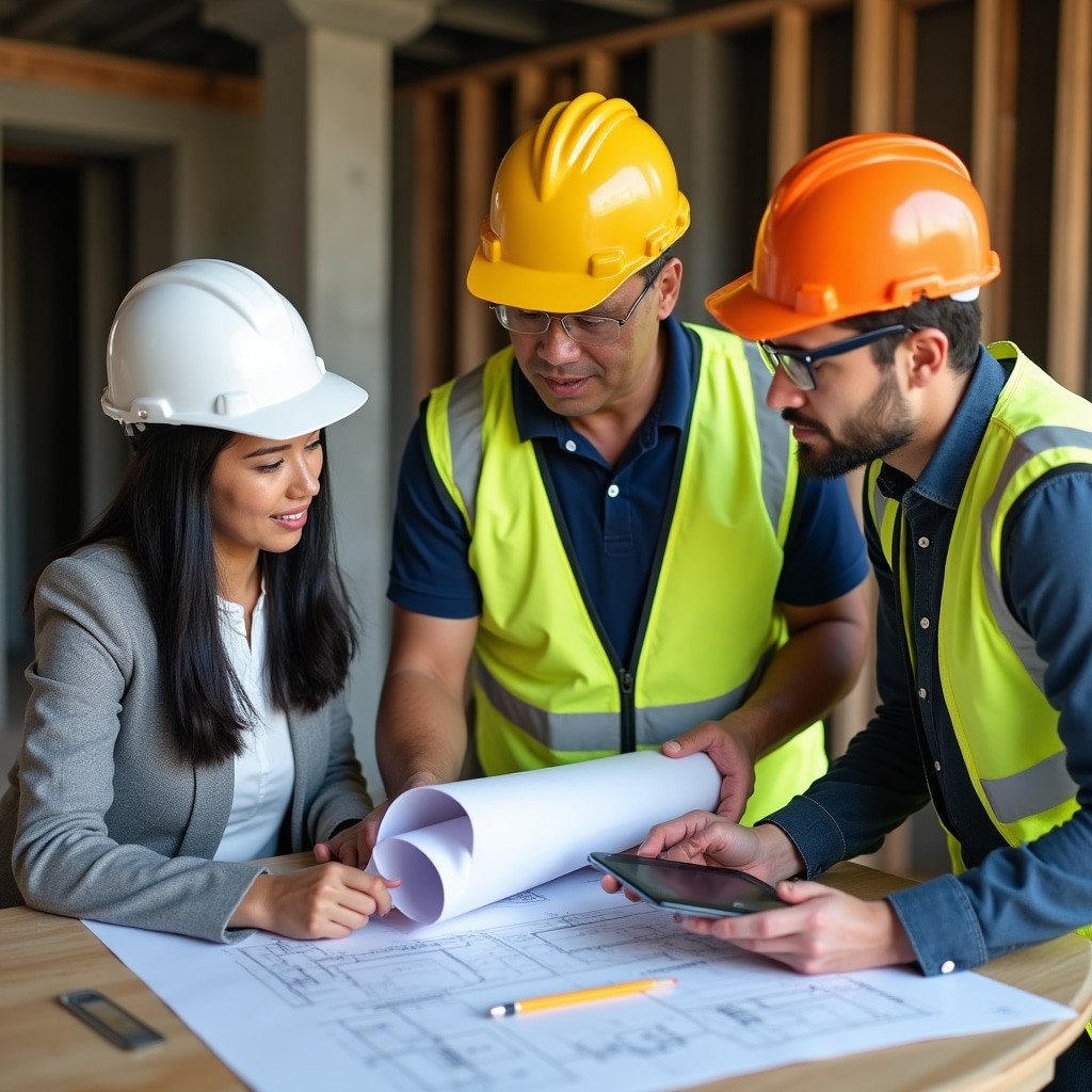 Construction team reviewing architectural plans and renovation blueprints on site
