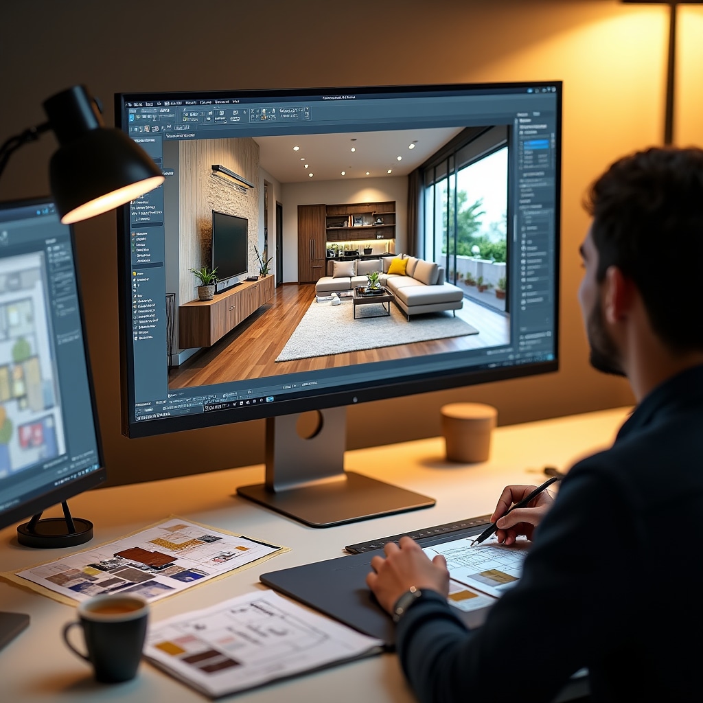 Computer screen displaying 3D architectural visualization of residential interior renovation design