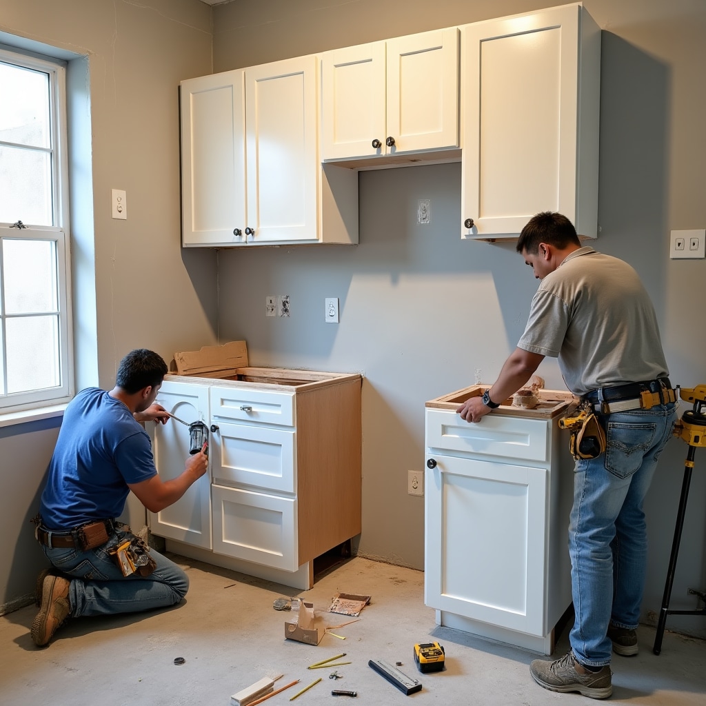 Kitchen renovation in progress showing custom cabinet installation and countertop work