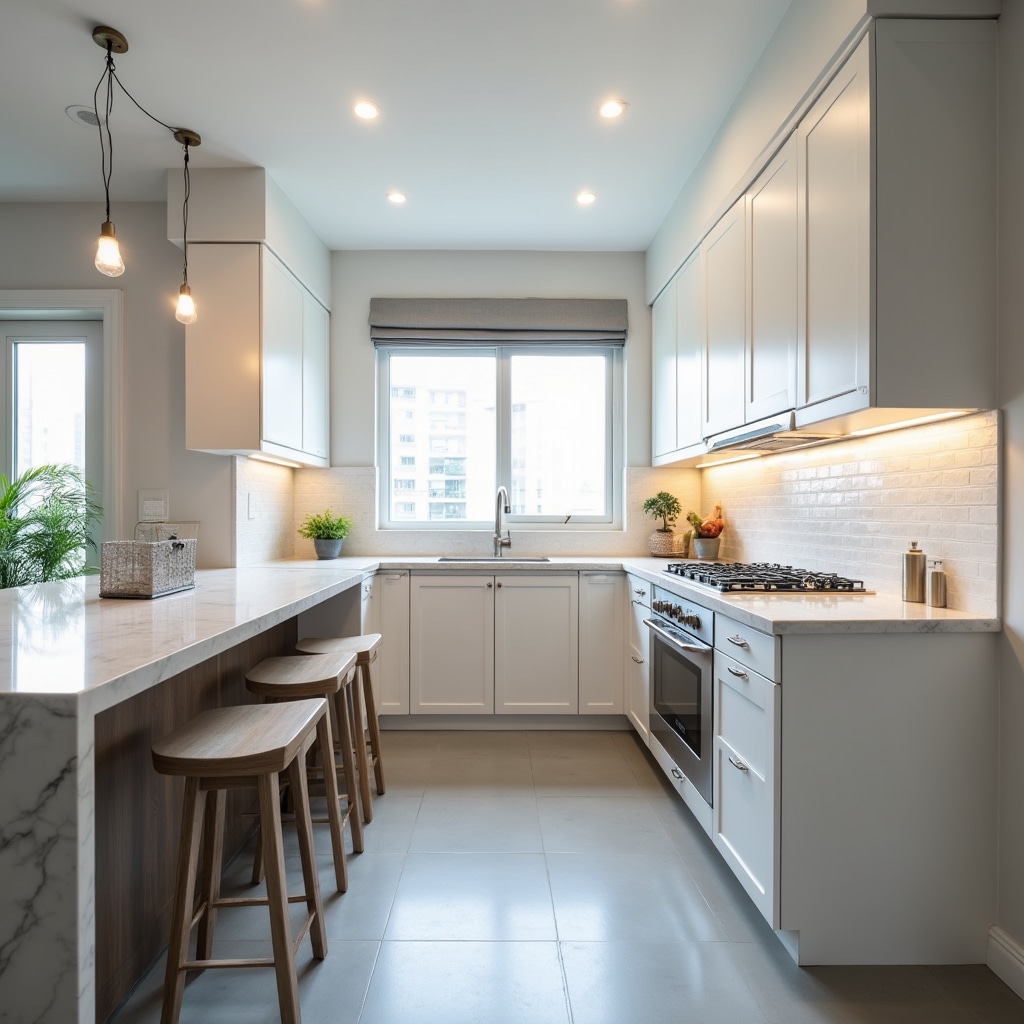 Completed modern kitchen renovation with white cabinets and marble countertops